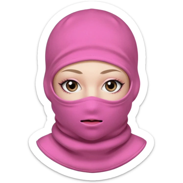 baggy stylish 3 hole balaclava pink in colour with girly eyes showing through the eye holes of the balaclava with beautiful eyelashes on  sticker