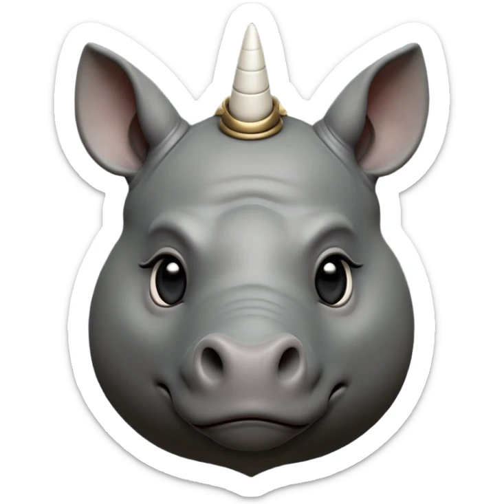 cinematic-noble-cute-rhinoceros-portrait-emoji,slate-grey-hide-poised-and-regal,-with-a-massive,-powerful-build-and-a-thick,--deep-set-soulful-piercing-eyes,-simplified-yet-sharp-and-sophisticated-features,-highly-detailed,-large-black-eyes, white horn, front facing, zoomed out showing shoulders sticker