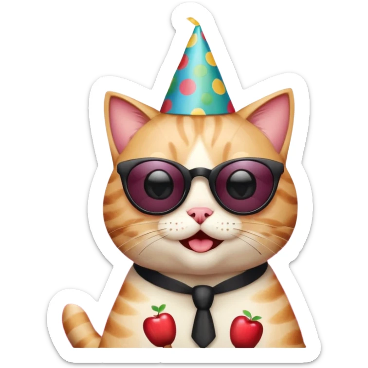 winking happy cat with a huge polka dot birthday hat, black sunglasses, and a wine glass, surrounded by confetti and streamers, apple emoji style sticker