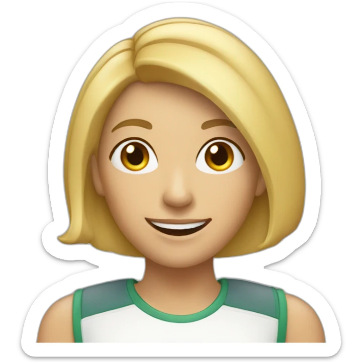 35 year old blonde woman with asymmetric shoulder length haircut with smile sticker