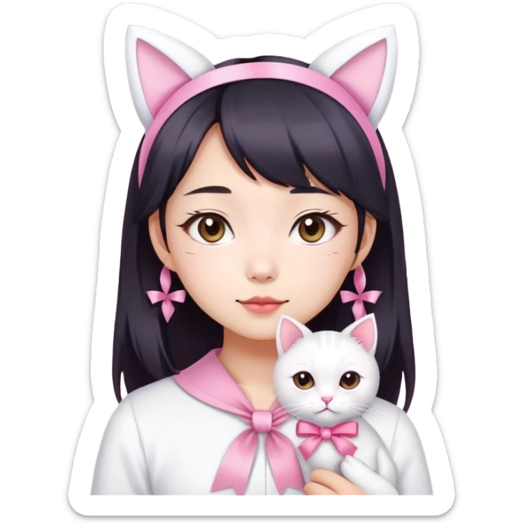 An Asian girl with white cat ears and a pink ribbon sticker