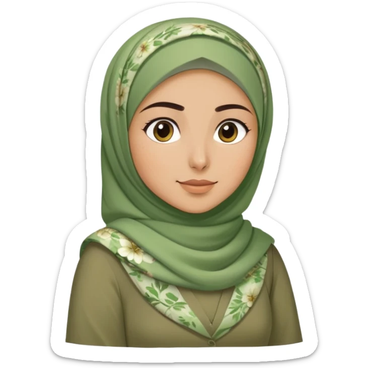 Turkish beautiful finish Konya girl green khaki hijab and light green floral dress and she work on office sticker