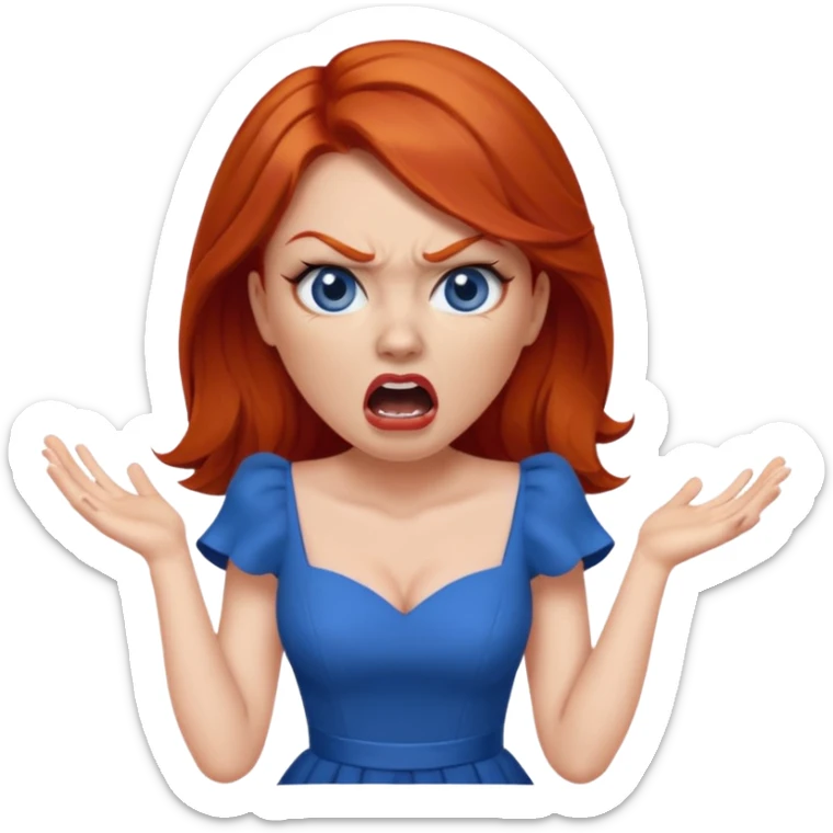 mujer pelirroja con los ojos y los labios maquillados enojada gritando con vestido azul sticker