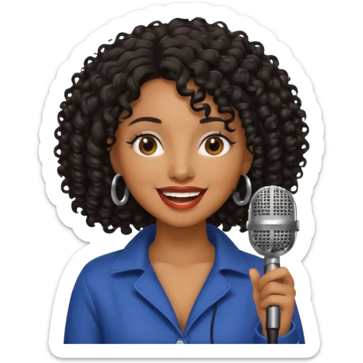 brown skin woman, curly black hair, singer, hold micro sticker