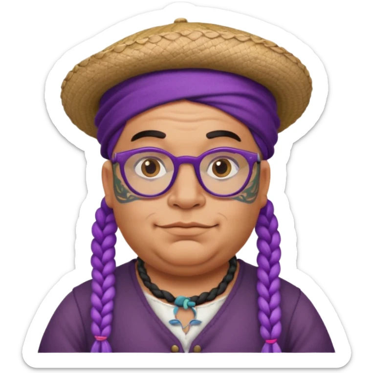very tattoed face, normal glassess, fat venice gondolier with iconic hat and purple thick braided hair sticker