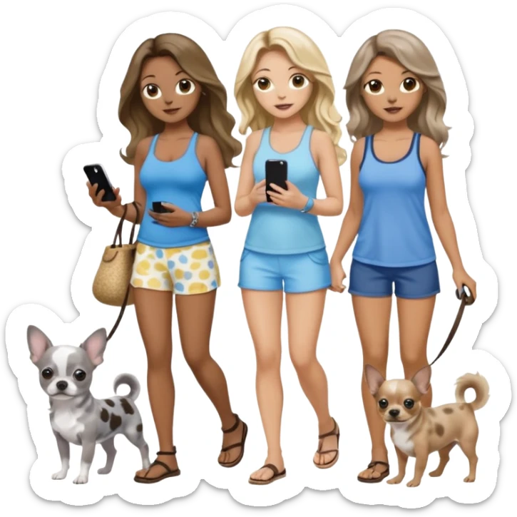 Three pretty women in beach clothes walking 2 dogs, blue and gray spotted Merle Frenchie and walking a black and tan chihuahua puppy, holding iPhone, hazel eyed light skin with dark blonde long hair and light skin hazel eyed long wavy dark hair, blue eyed light skin long blonde hair  sticker