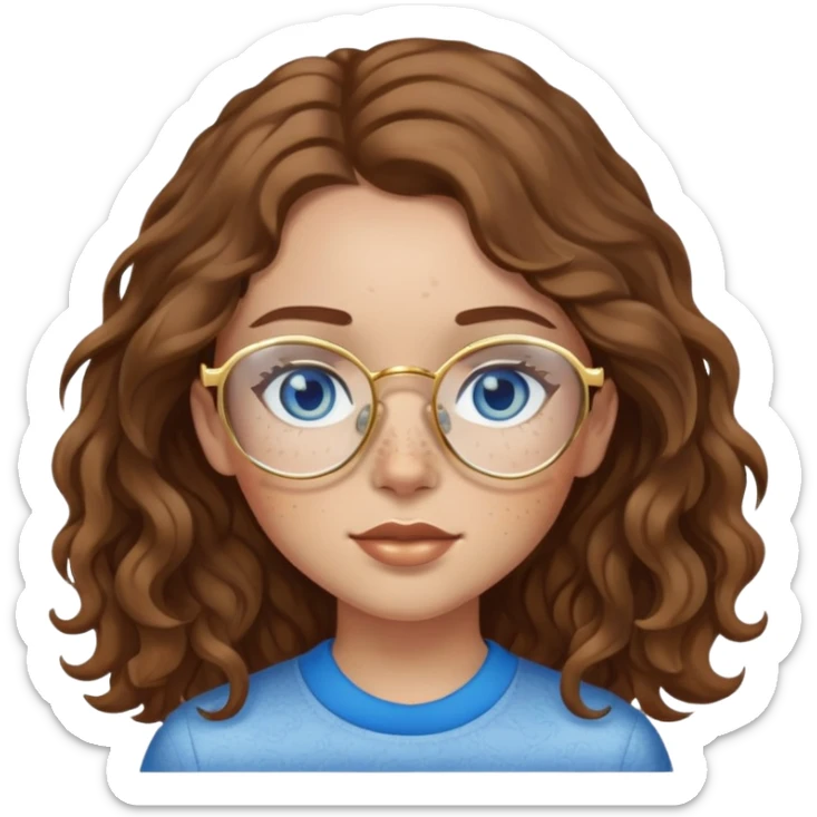 Girl with light skin, wavy brown hair, blue eyes, freckles, and gold glasses sticker