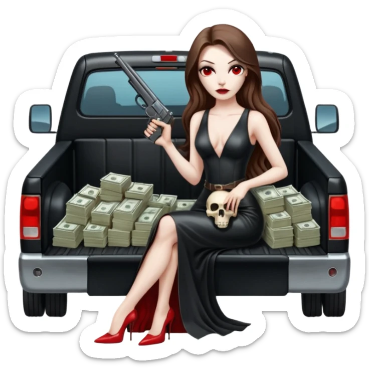 Lilith symbol red eye seductress evil long brown haired sexy succubus woman with leather long dress with slit on, sitting in Big Large F350 pickup truck. Back seat full of stacks of cash, she is  Holding a human skull of her enemies and a gun in other hand sticker
