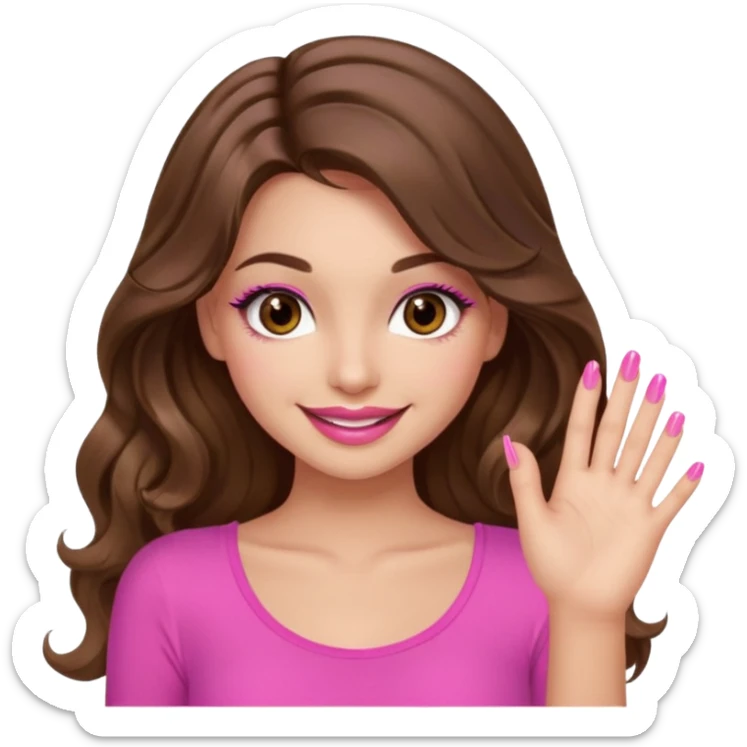girl with long wavy brown hair, brown eyes, long lashes, sexy pink lips, light to medium complexion, wearing a pink sexy top, smiling, finger tips touching sticker