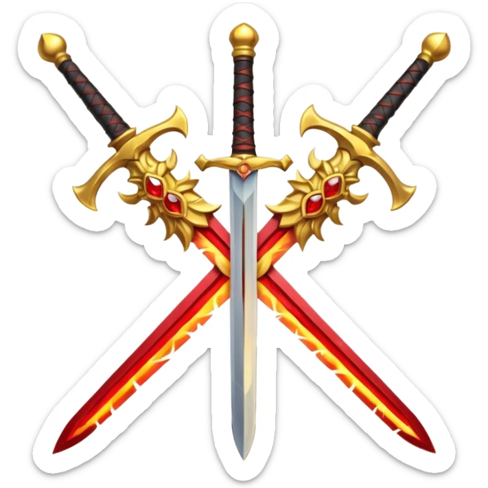 Two crossed swords that are golden in blade and handle and have fiery and royal appearence to them as well as red gem stones yellow in color sticker