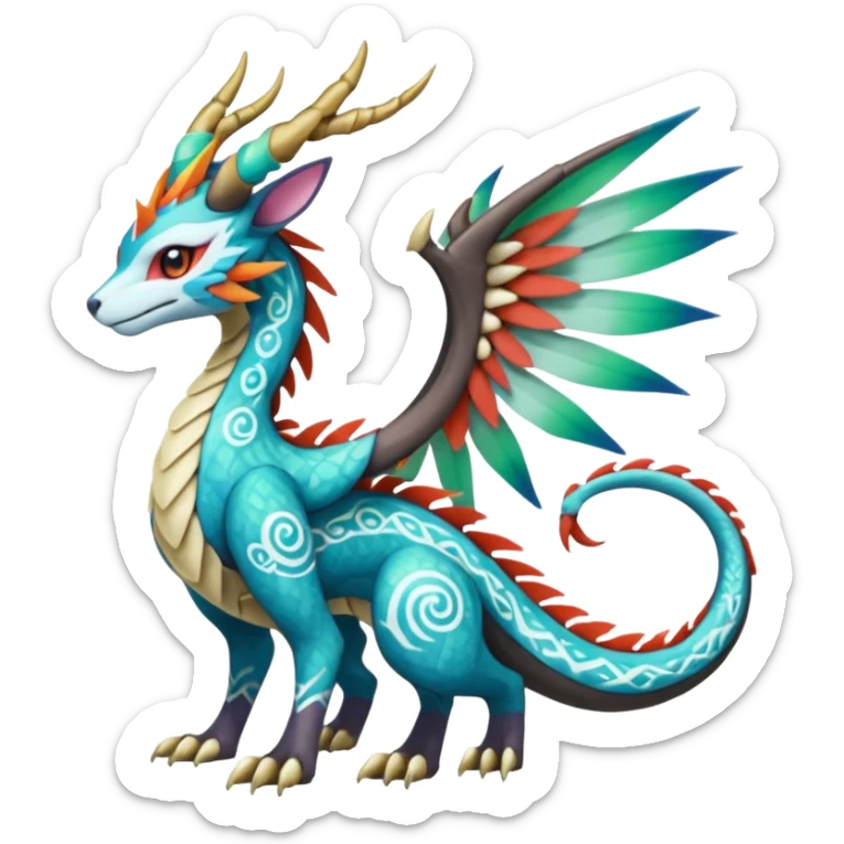 Tribal Colorful Exotic Fionbri-Dutch-Angel-Dragon-Trico-Kalon-Falvie-Vernid-Meloetta-Pokémon-Fakémon-Digimon-Spectrobe-hybrid-fusion, full body sticker