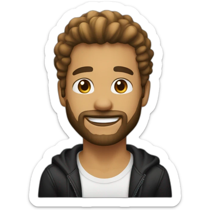 light skin brown guy, fade hair, good beard, white teeth, black t shirt approximately 30 years old sticker