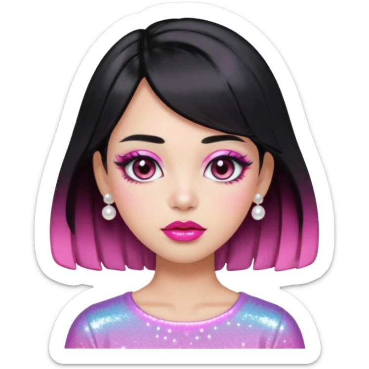 “black hair Emoji girl, glossy pink eyelids, ombré cherry lips, soft contour, subtle glitter under eyes, pearl hair clips, trendy hairstyle, iridescent modern top.” sticker