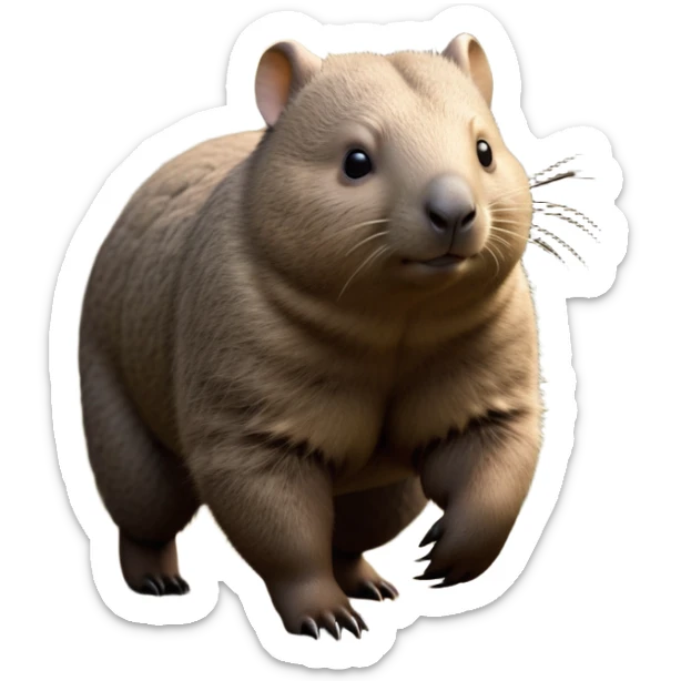 cinematic-wombat-realistic-full-body-waddling-emoji,-stout-muscular-frame-covered-in-coarse-brown-fur,-short-powerful-legs-trotting-determinedly-through-bushland,-round-dark-eyes-filled-with-calm-confidence,-tiny-rounded-ears-twitching-slightly,-strong-digging-claws-visible-on-sturdy-paws,-simplified-yet-realistic-focused-features,-highly-detailed,-glowing-with-a-subtle-earthy-glow sticker