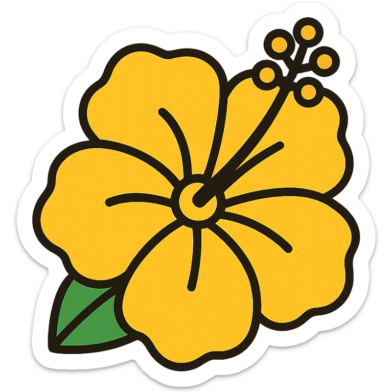yellow hibiscus flower emoji, high detail, 4K resolution, black outlines, color outline icon style, suitable for keyboard emoji sticker