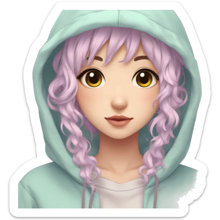 Gorgeous pastel anime girl with blushing face and hair garnitures and pretty hair and a hoodie aesthetic trending style sticker