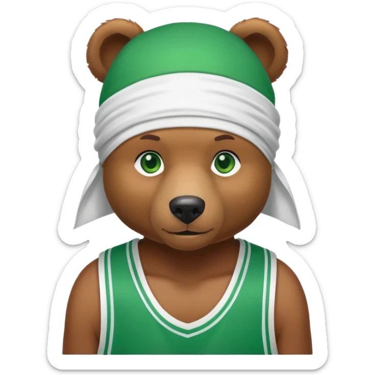 Cute brown bear with green eyes shown up to shoulders, wearing a white durag and black basketball jersey, visible upper chest and shoulders, iOS emoji style sticker