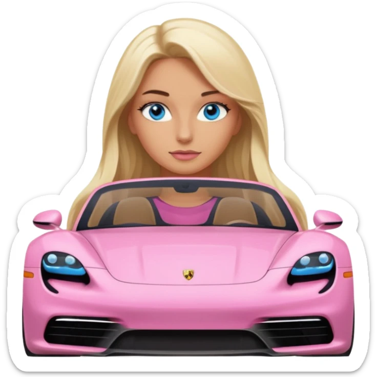 pink Porsche taycan with blonde girl, long hair, blue eyes, front view point of view, no sunglasses, sexy sticker