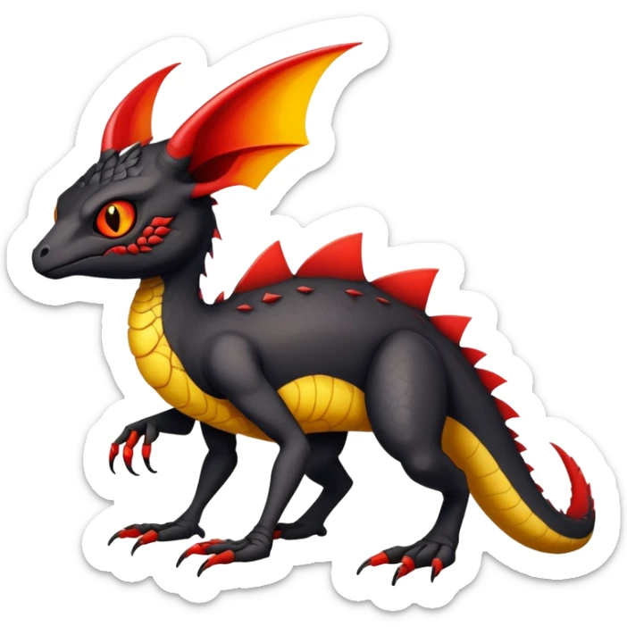 a black exotic edgy vernid-fionbr-Fakémon-creature, with red belly and yellow eyes, full body sticker