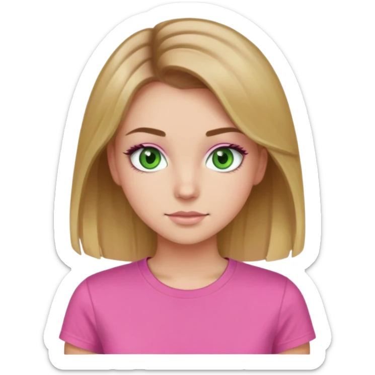 Girl with brown hair, blonde highlights, green eyes, pink t-shirt, pretty eyelashes sticker