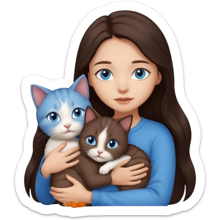 a pretty girl with long dark brown hair, with blue eyes, hugs 3 different natural coloured small cats sticker