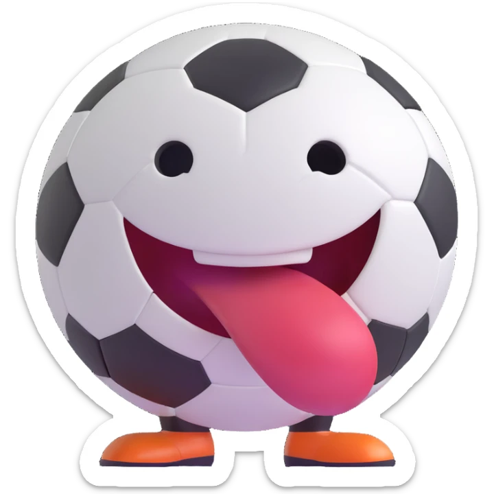cartoon soccer ball character, grinning with tongue out, fun and friendly sticker