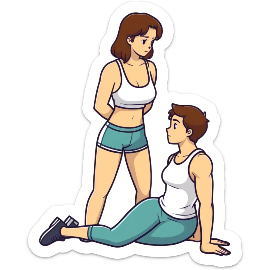 Caucasian woman with brown hair big boobs, a tank top, kneeling next to man standing sticker
