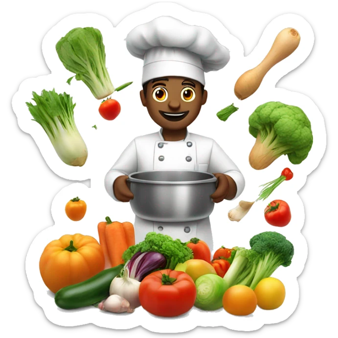 the cook is cooking, vegetables and fruits are flying above him and near him sticker