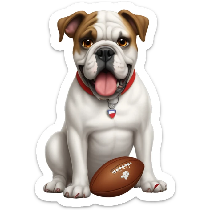 white Georgia bulldog with a football and a red collar  sticker