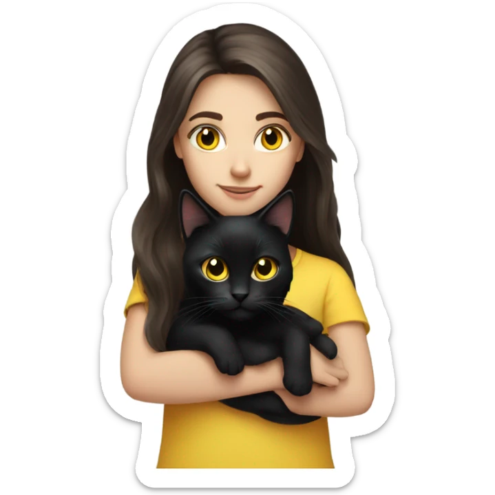 Long haired brunette blue eyed girl holding a black cat with yellow eyes sticker