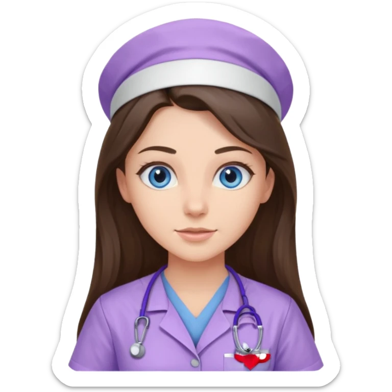 pretty brunette nurse with long hair and blue eyes in lilac scrubs sticker