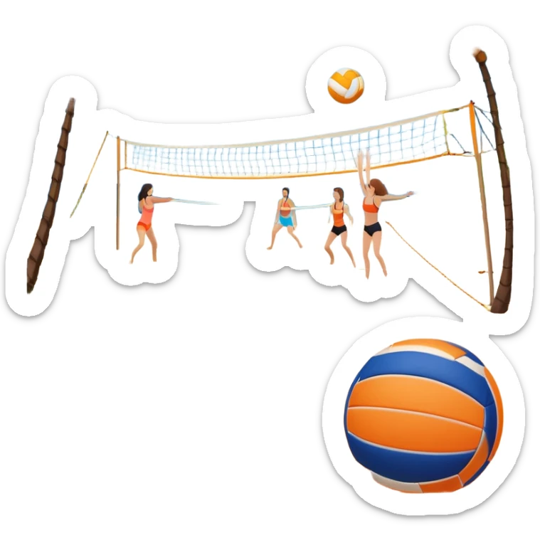 The scene captures a sunny sea beach atmosphere with clear blue sea and sky, palm trees swaying, and people in swimsuits enjoying the vibrant surroundings. A volleyball resting on the orange sand ground of a beach, with a volleyball net in the background.  sticker