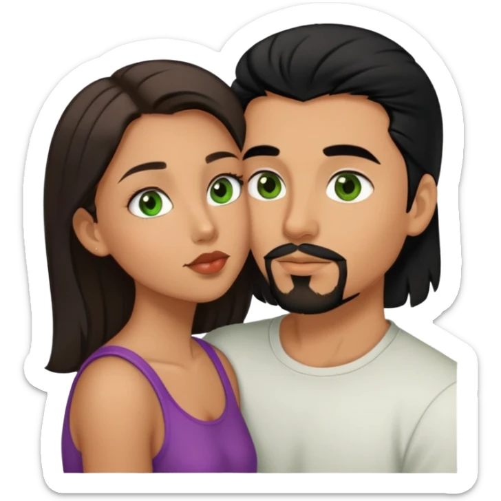 Boy with goatee￼ and black hair brown eyes kinda tan kissing girl brown hair green eyes a little tan sticker