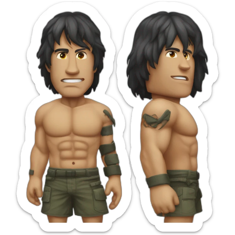 o rosto do Rambo com faixa vermelha na cabeça no corpo do The Rock de corpo inteiro sticker