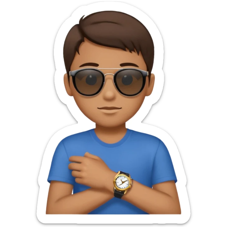 Un niño con pelo lacio color castaño,con lentes de sol negros y un reloj en la mano sticker