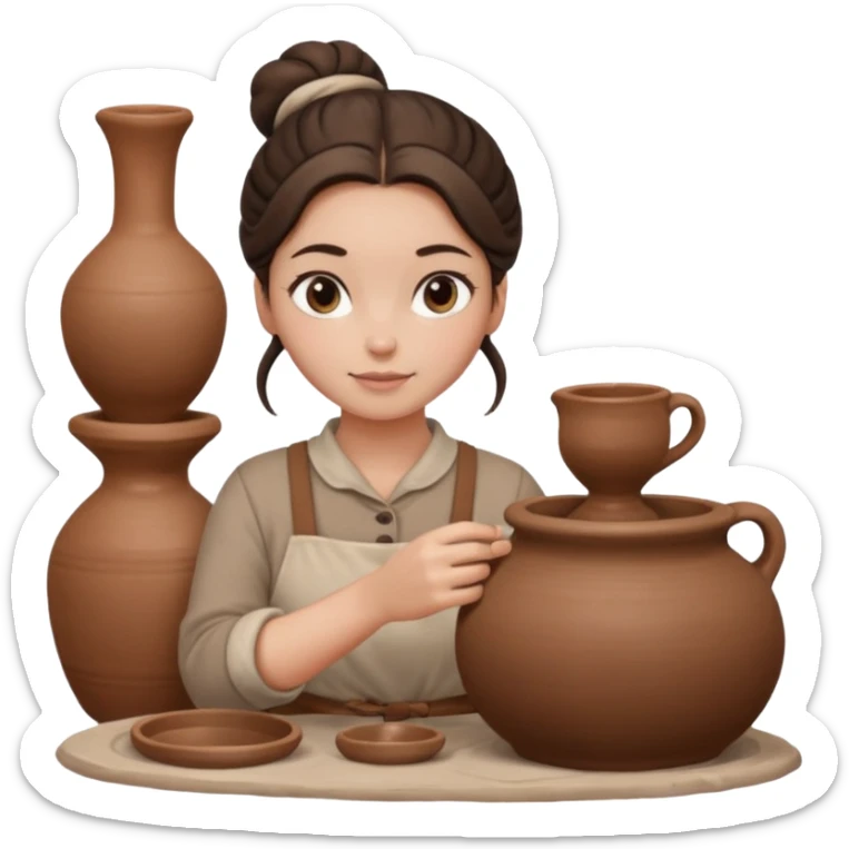 Brunette girl with a bun, behind the potter's wheel, wearing neutral clothing sticker