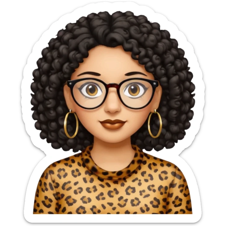 A women who wears glasses with a black curly hair, in a leopard print shirt, hoop earrings   sticker