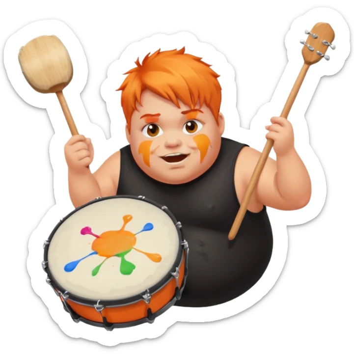 A chubby orange hair fan pounding a bass drum, cheeks puffing with energy with paints on his cheeks sticker