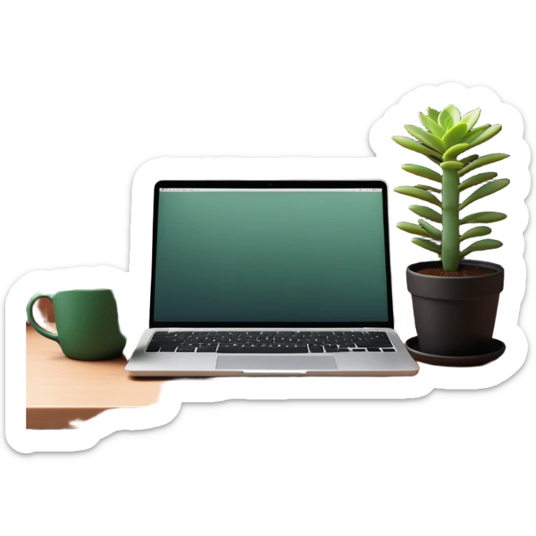 A tidy desk with a laptop, a steaming cup of coffee, and a small green potted plant, showing an organized and inspiring workspace sticker