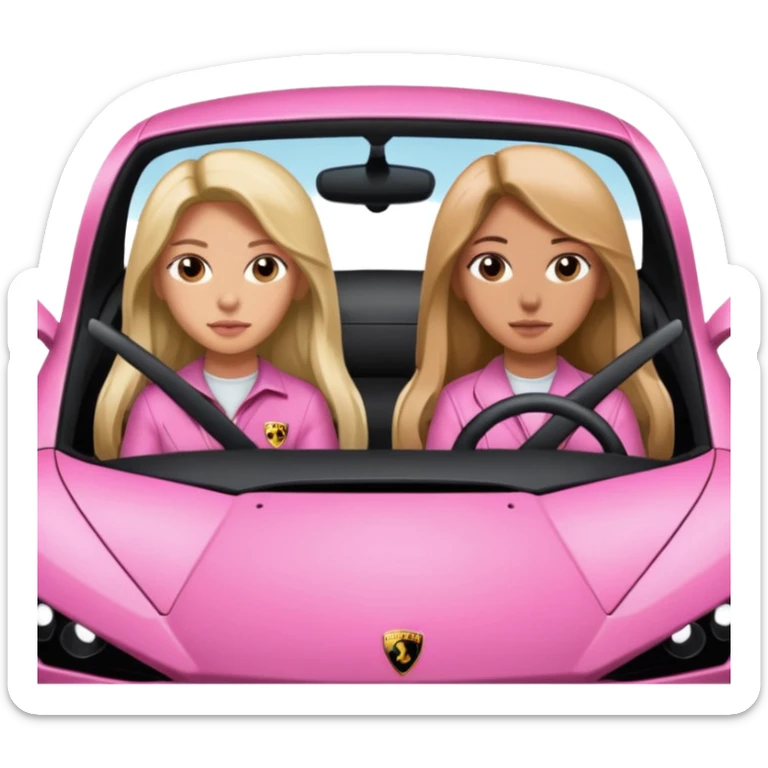 Make car far away so I can see full car Car facing forward in sports car. Make hair long  two girls in car far away Front of car sitting in the seats. Make it a pink sports car. They are two baddies make it a Lamborghini pink car  sticker