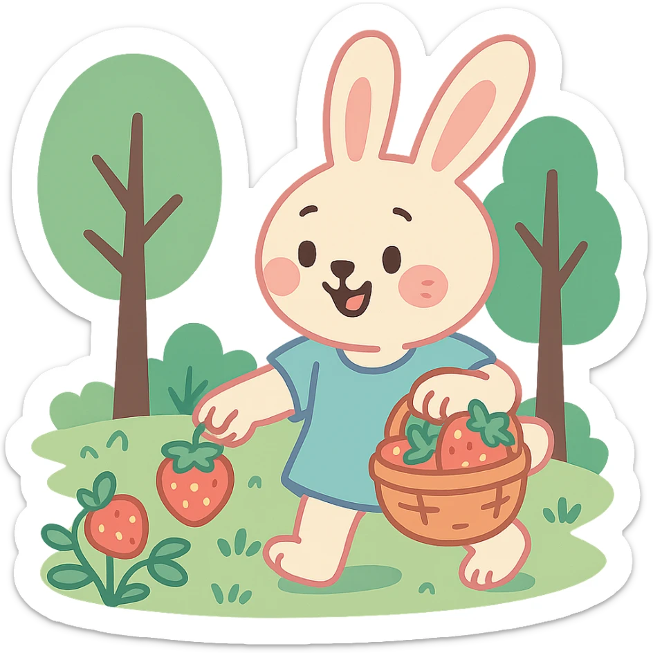 bunny picking strawberries in the woods, sweet pastel red, pastel-toon style sticker
