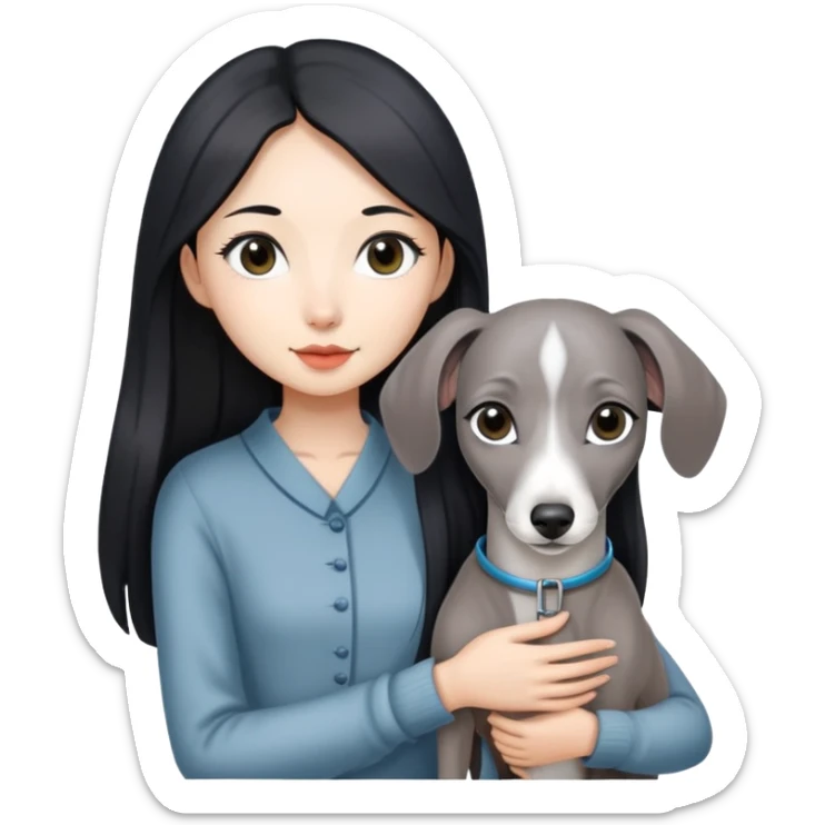 Slim Chinese girl with long black hair holding all grey Italian greyhound sticker