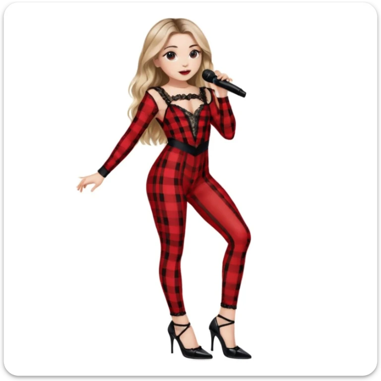 Sabrina carpenter singing at concert wearing a black and red plaid bodysuit a red sheer top covering the bodysuit, a strip of black lace around her leg, black sparkle heels. there is a  huge crowd and light pink stage setting  sticker