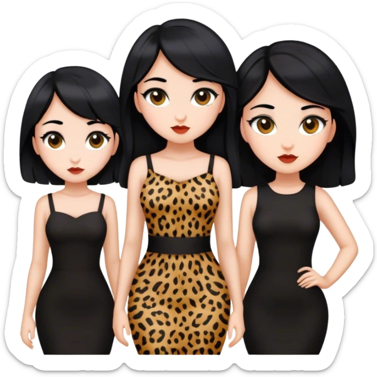 5 girls with black hair wearing black dresses or cheetah print  sticker