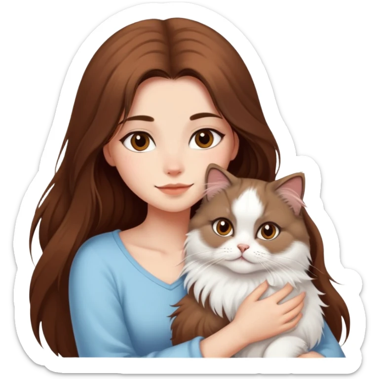 pretty girl with long brown hair, hugging her persian cat sticker