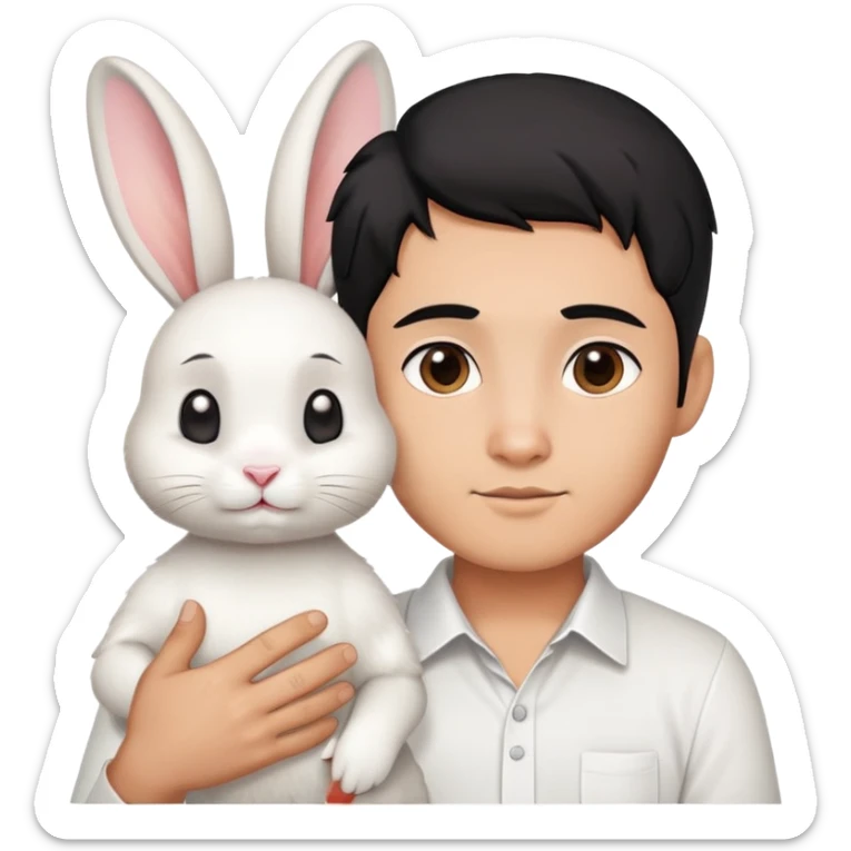 A tan-skinned Thai man with black hair and a low fade haircut, dressed in a white shirt, is holding a white rabbit with perky ears. sticker