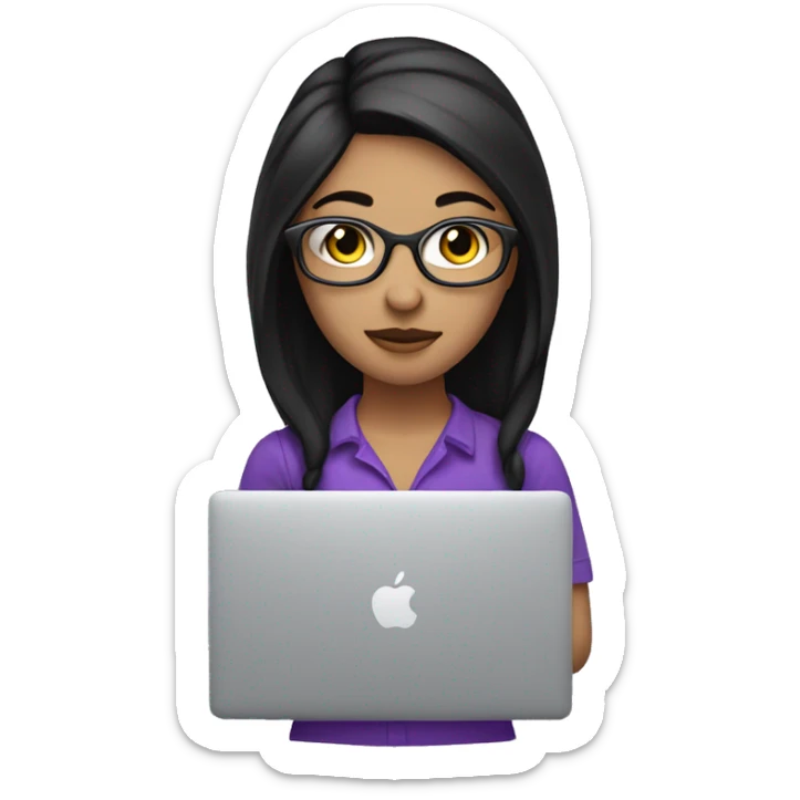 programmer girl with macbook. mendium length Black hair, black eyes, no glasses, purple shirt sticker