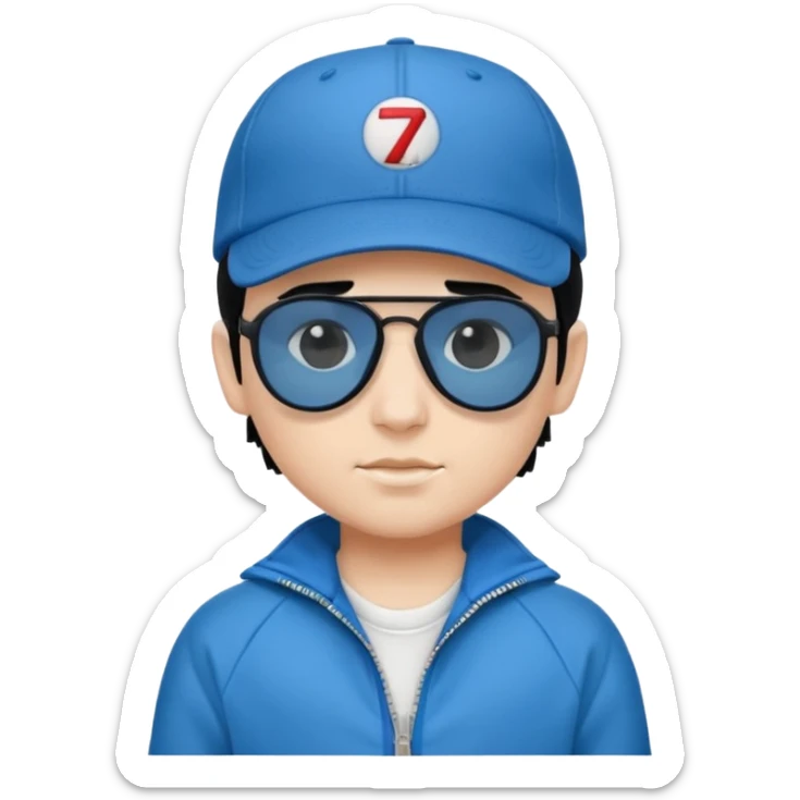 make a genmoji of a boy with a white baseball cap, black hair and a blue zipper jacket with black sunglasses sticker