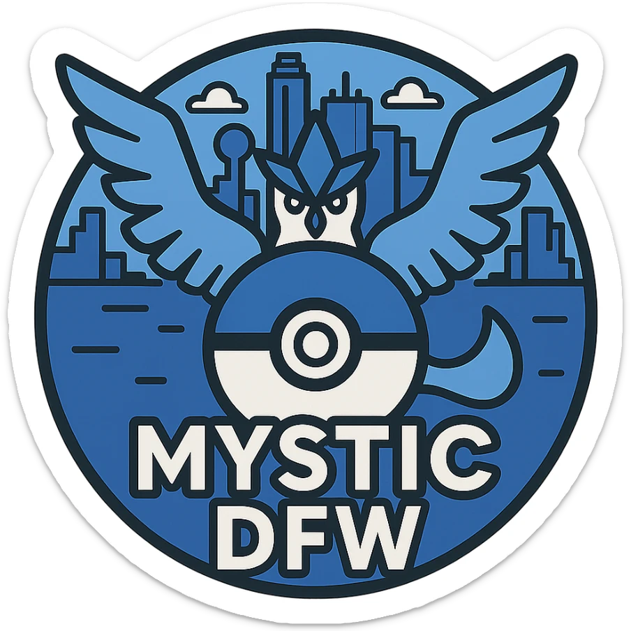 Add a Pokéball to the circular Team Mystic DFW logo, integrating it with the Articuno emblem and Dallas-Fort Worth skyline, using a blue and white palette. sticker