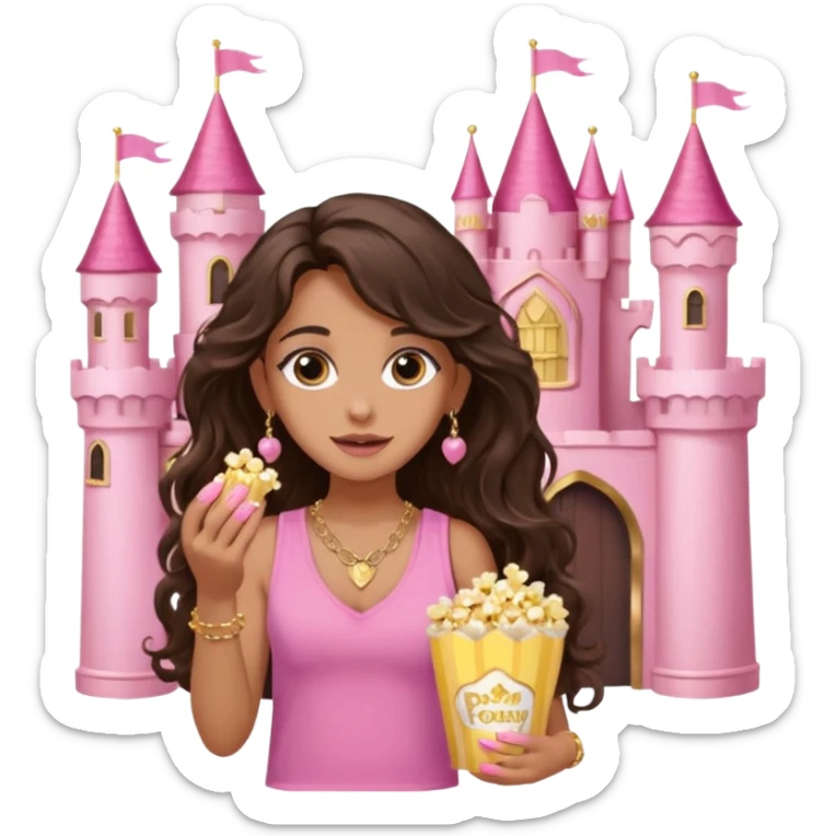 a woman with long dark brown  beachy wavy hair with light brown big eyes wearing pink vest top gold necklace baby pink nails and gold stud earrings with a pink castle fantasy in the background while eating popcorn  sticker